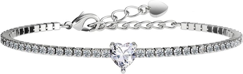 AllenCOCO Sterling Silver Heart Birthstone Bracelet, 14K White Gold Plated, AAAAA+ CZ Cubic Zirconia, Tennis Chain with Heart Charm, Hypoallergenic, Non-Tarnish Jewelry Gift for Women - Image 1